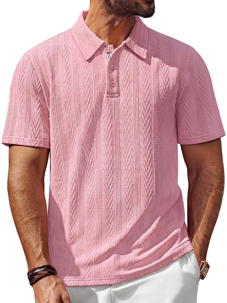 Men's Pink Polo Shirts Short Sleeve Casual Textured Knit Golf Collared